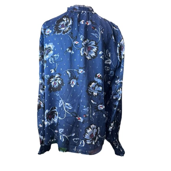 White House Black Market Blue Floral Blouse | Size 14 | Ruffle Neck | 26" Length - Picture 6 of 9